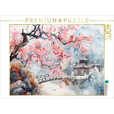 CALVENDO Puzzle Chinesischer Tempel zur Kirschblüte als Tuschezeichnung | 1000 Teile Lege-Größe 64x48cm Foto-Puzzle für glückliche Stunden