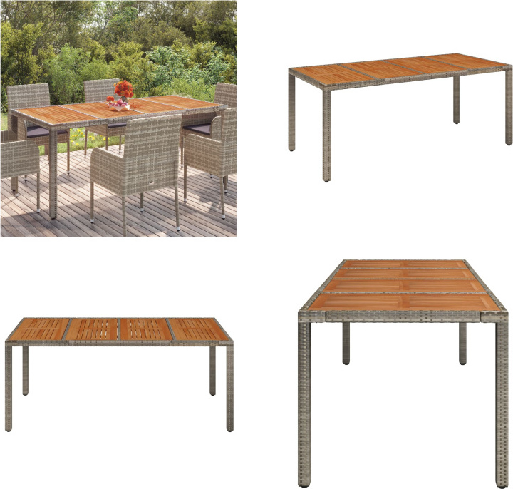 vidaXL Gartentisch mit Holzplatte Grau 190x90x75 cm Poly Rattan - Gartentisch Mit Holzplatte - Gartentische Mit Holzplatten - Gartenmöbel - Esstisch