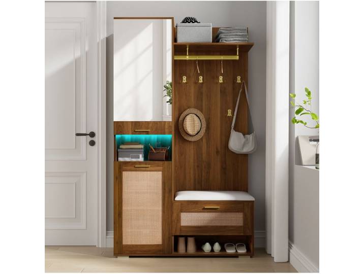 Meuble d'entrée vestiaire avec miroir banc à chaussures 3 portes LED 16 couleurs noyer foncé 110x38x190 cm Grjofek