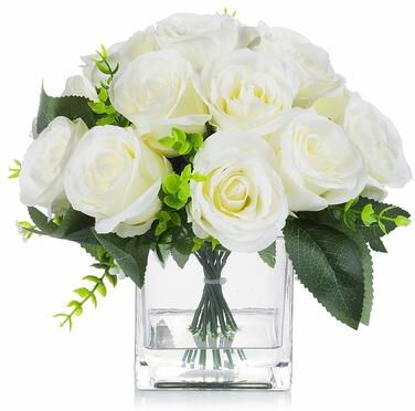 Enova Home Artificial 18 Heads Silk Roses Fake Flowers Arrangement in Clear Glass Vase with Faux Water for Home Office Decor