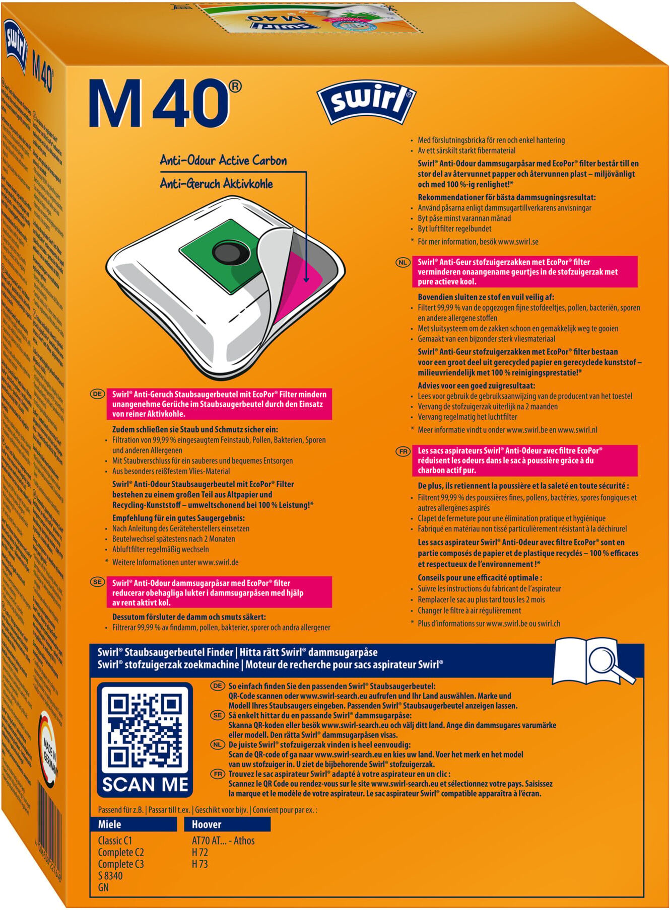 Swirl Staubbeutel Miele M 40 Anti-Odour VE4 (227648 Anti-Odour (EcoPor))