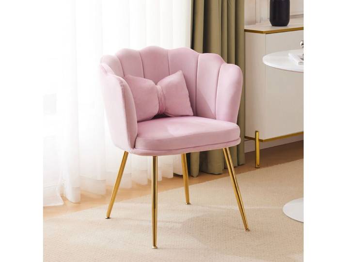 WOVREO Fauteuil en velours rose avec dossier pétale coussin papillon et pieds métalliques dorés
