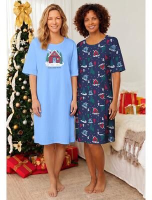 Plus Size Women's 2-Pack Short-Sleeve Sleepshirt by Dreams & Co. in Evening Blue Home (Size 5X/6X) Nightgown