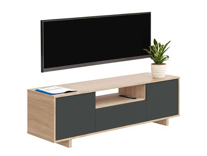 Habitdesign, TV-Schrank mit 2 Drehtüren und 1 Klapptür, Wohnzimmermöbel, TV-Lowboard in kanadischer Eiche und Anthrazit, Maße: 150 x 46 x 41 cm (B x H x T), Modell Zaira