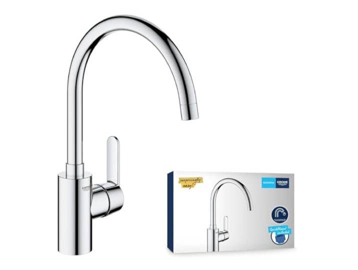 GROHE Get, Küchenarmatur, 150° schwenkbar, hoher Auslauf Wasserhahn für die Küche, Wassermenge begrenzbar, Schnellbefestigung von oben (chrom, 31494001)
