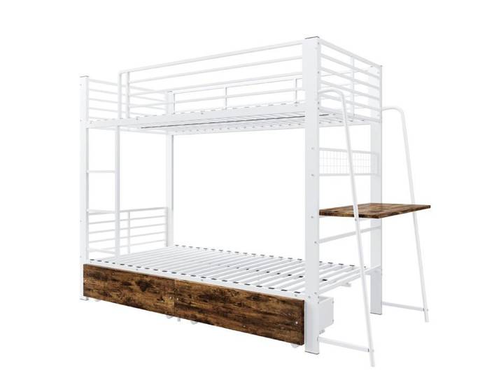 Lit superposé 90x200 cm blanc bureau LED tiroir EN747