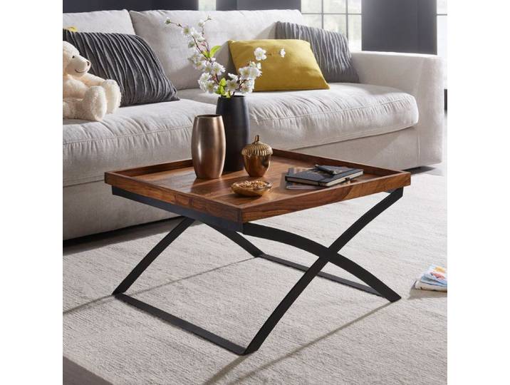 WOHNLING Table Basse 63x63x39 cm Bois Massif Sheesham Métal Carrée