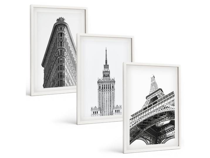 BILDER SET 3er Set - 40x60 cm Weißer Rahmen - Architektonische Schwarz-Weiß-Gebäude