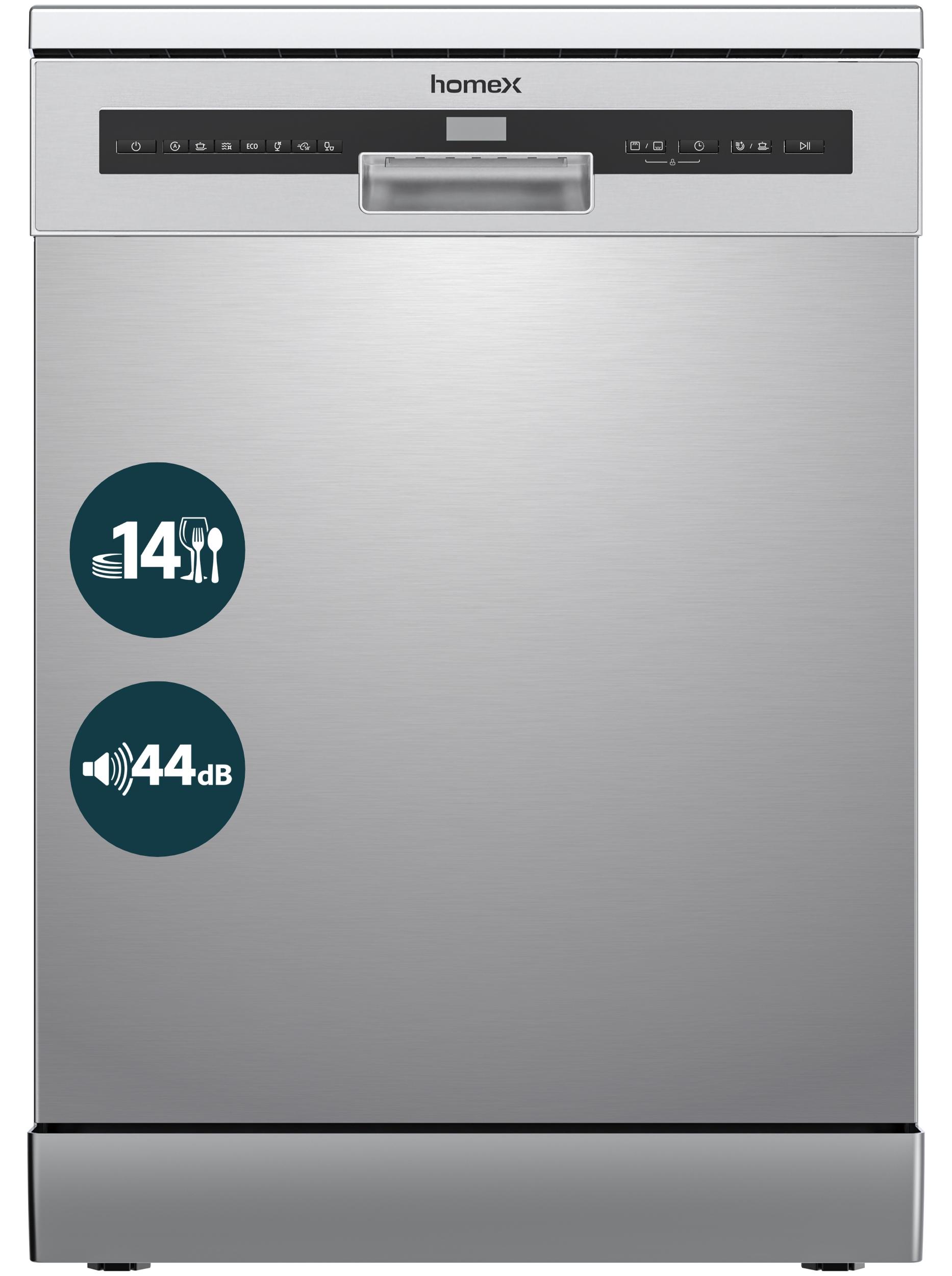 homeX Geschirrspüler 60 cm, Spülmaschine freistehend - 14 Gedecke, 7 Programme, AquaStop, unterbaufähig, DWFS601444C-S