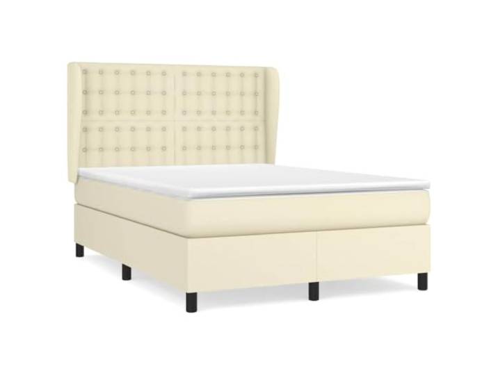 PUGYNBK Boxspringbett, Matratze, Kunstleder, cremefarben, 140 x 190 cm Verstellbares Kopfteil, Taschenfedern, mittlere Festigkeit, einfache Reinigung