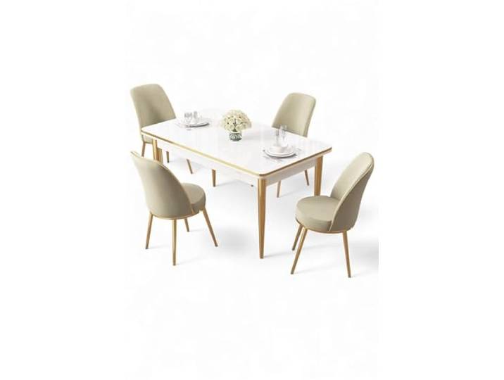 Modern 5-Piece Dining Table & Chairs Set, White & Gold, 100% Melamine Coated Chipboard, Metal Legs, Elegant Design for Home & Hotel