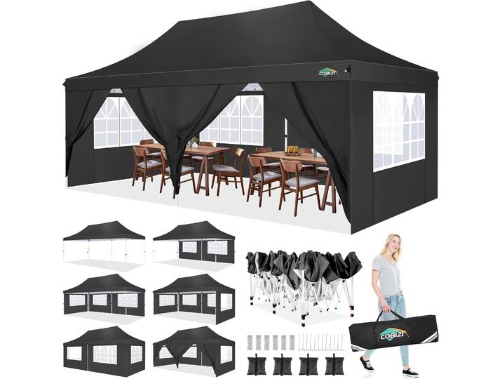 Gazebo pliant 3x6m, étanche et stable, tente de fête avec 6 parois latérales, tonnelle de jardin pop-up extérieure pour fêtes, marchés, UV 50+