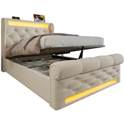 OKWISH Polsterbett mit hydraulischem Stauraum und LED-Lichtstreifen 90x200 cm – Beige, Samtbezug, USB-Ladestation, modernes Design