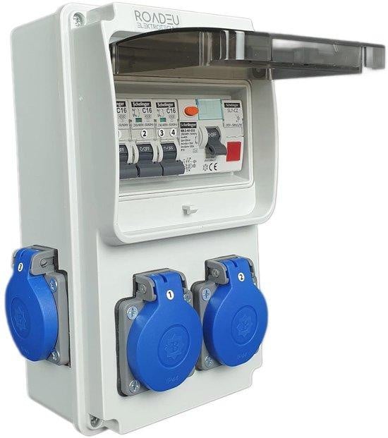 Stroomverdeler 230V met 4 Schuko-stopcontacten en Fi-veiligheidsschakelaar