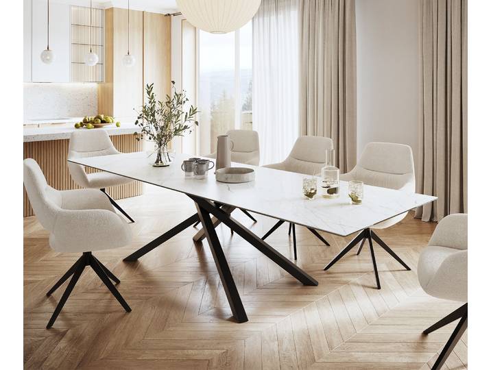 Esstisch Edge 300x100cm Keramik Laminam® Statuarietto Weiß Mittelfuß Kreuz Schwarz, Esstische