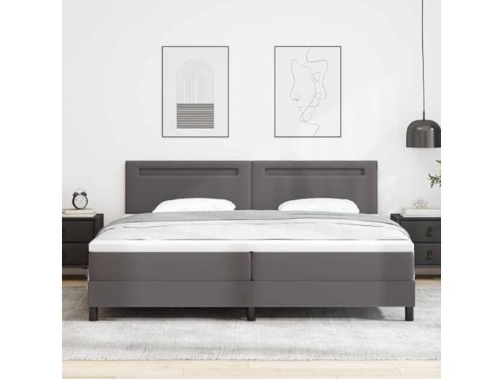 Kunstleder Boxspringbett mit Schaumstofffüllung modernes Design 200 x 200 Boxspringbett mit Matratze Grau 200x200 cm Kunstleder LED-Beleuchtung verstellbares Kopfteil Taschenfederkern Kaiserbetten