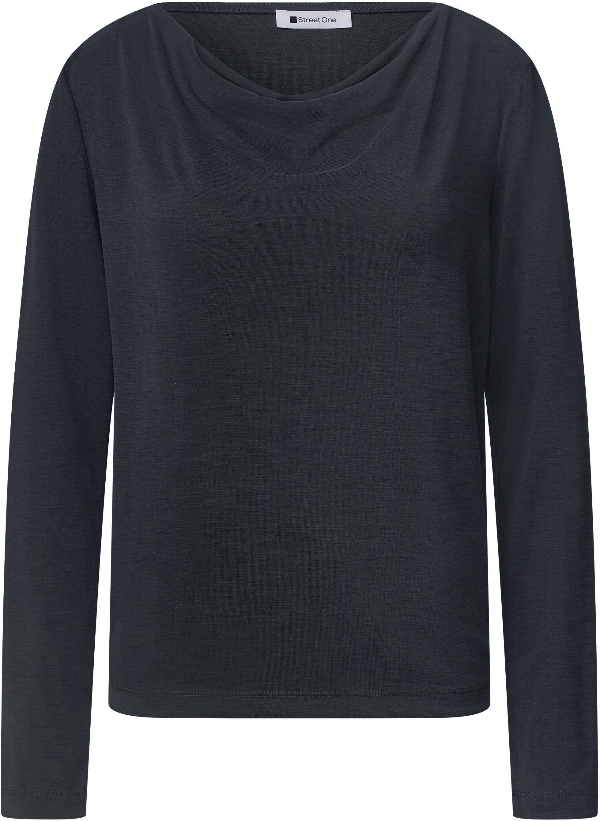 Langarmshirt STREET ONE, Damen, Gr. 38, schwarz, Stoff, 70% Modal, 30% Polyester, unifarben, normal normal, Wasserfallausschnitt, abgesteppt, Shirts Langarmshirt, mit Wasserfallausschnitt
