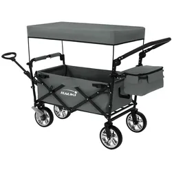 Hauki Bollerwagen XXL faltbar Grau – Handwagen mit Dach & Tasche, klappbar zum Schieben oder Ziehen, Kinder Transportwagen mit PU-Rädern & Bremse, 120