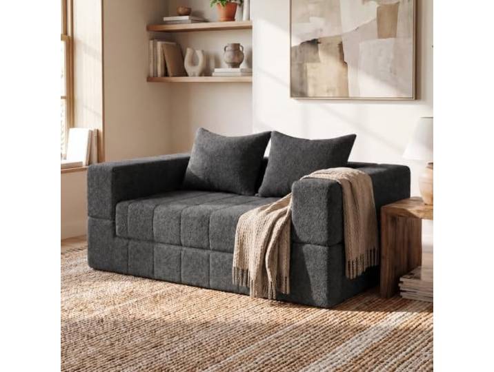 JUMMICO Schlafsofa mit Schlaffunktion 150cm Couch kleines, Grau 2-Sitzer-Sofa aus Velours Klappbares Bodensofa mit Kissen, Ideal als Schlafplatz, Lounge oder Gästebett