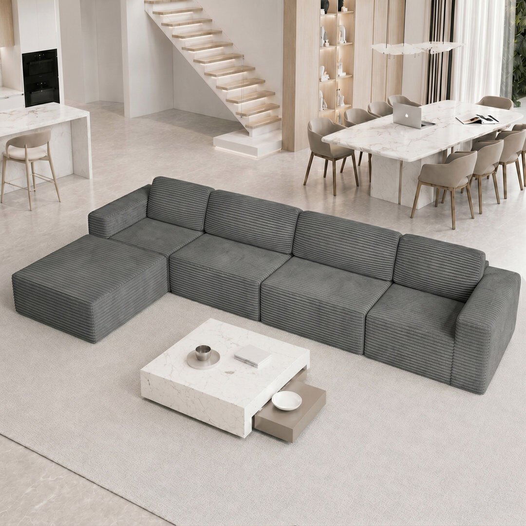Latitude Run® Modular Oversize 404cm Corduroy Boneless Sofa With Ottomans Reversible, No Assembly Required Grey 93cm H X 404cm W X 205cm D
