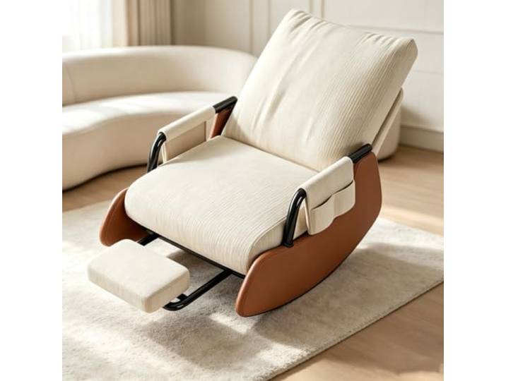 Wohnzimmersessel Wippend mit Ausziehbarer Fußstütze Ergonomischer Schaukelstuhl mit ausziehbarer Fußstütze und Seitentasche für tägliche Entspannung.