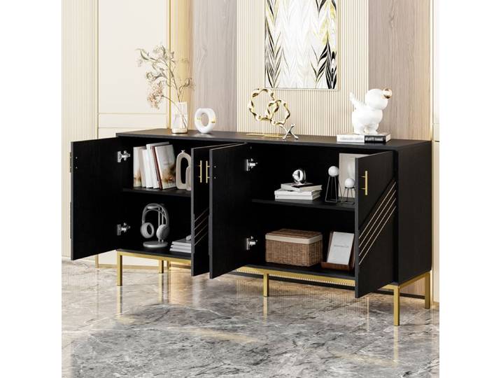 LPOSPI Buffet bahut moderne avec 4 portes et pieds métal pour salon ou salle à manger - 160x40x80 5 cm - noir et bois