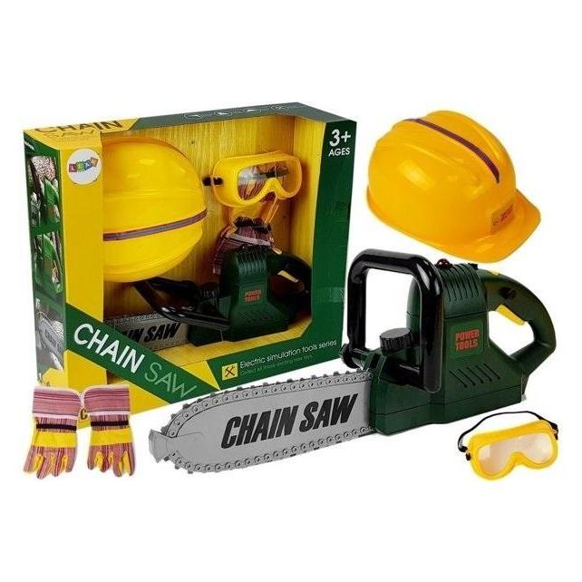Lean Toys Lean Cars Werkzeugset, Säge mit Batterien, Helm, Handschuhe und Schutzbrille (7214)
