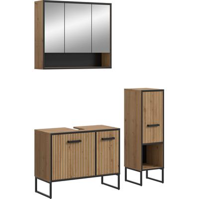 Badmöbel-Set WELLTIME "LOCRI, 3-tlg. Badkombination, Breite 125 cm, Rillenoptik, Metallkufen", braun (artisan oak nachbildung), B:125cm H:192cm T:36cm, Kastenmöbel-Sets, Badmöbel-Set, Bad-Kombination, Bad-Möbel, Badezimmer, Kombination, Kombi