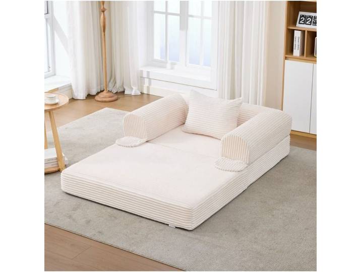 Chauffeuse convertible 2-en-1 AESVAR 1 place en velours côtelé beige avec coussin assorti