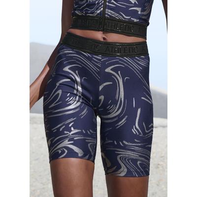 Funktionsshorts LASCANA ACTIVE, Damen, Gr. XS (32/34), N-Gr, silber (blau, silberfarben), Obermaterial: 85% Polyester, 15% Elasthan, bedruckt, gemustert, glänzend, eng ca. Mitte Oberschenkel, Hosen, mit glänzendem 3D Schriftzug auf dem Bund