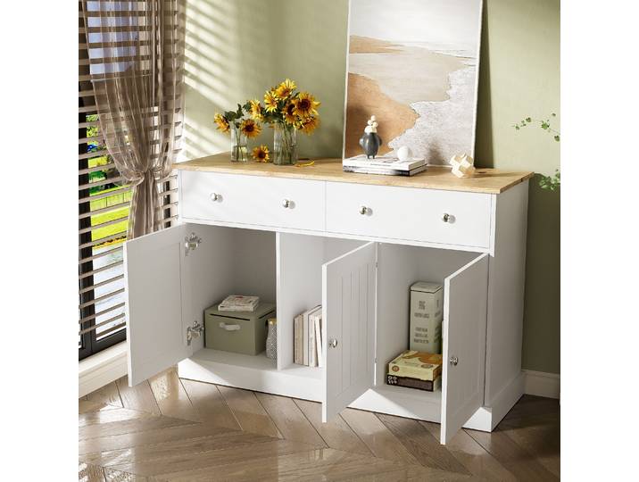 Buffet avec 3 portes 2 tiroirs, armoire de salon avec texture gravée, mécanisme push-to-open, beaucoup d'espace de rangement