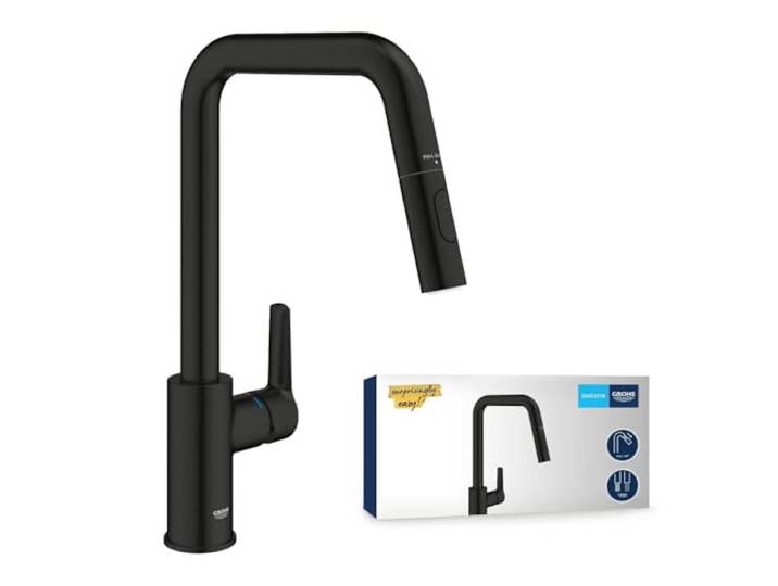 GROHE Start, Küchenarmatur, ausziehbare Brause, 2 Strahlarten, Hochdruck Hoher Auslauf, 360° schwenkbar, Wasserhahn Küche, Durchflussbegrenzer, einfache Spülbecken-Montage (mattschwarz, 306312430)