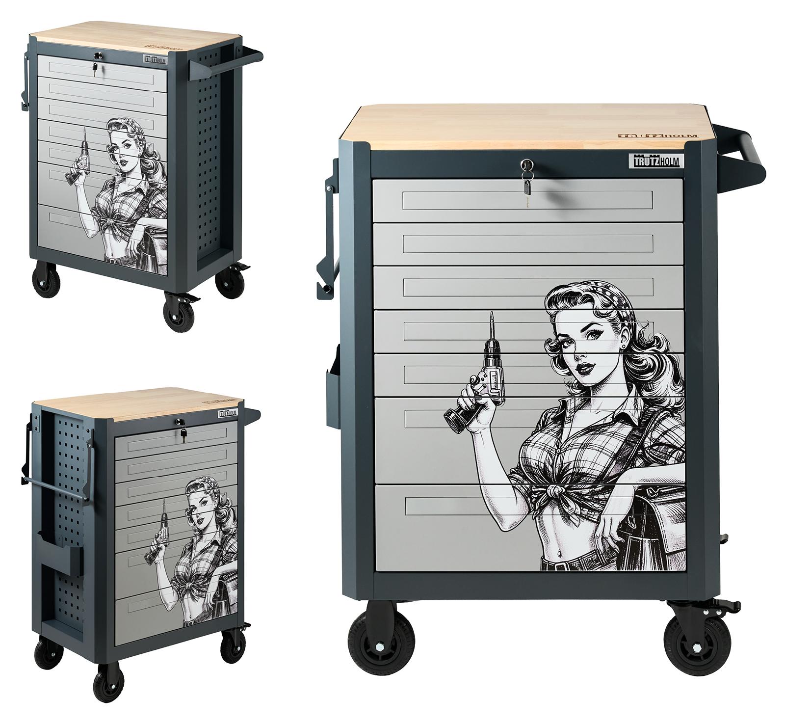 Werkstattwagen Retro-Motiv 99x82 cm Werkzeugwagen 7 Schubladen mit Holzplatte Einlassgriffe