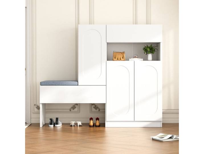 Armoire/banc à chaussures 2 en 1 tendance compartiments réglables et assise rembourrée Blanc 130 cm