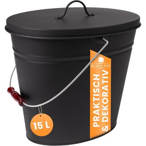 Black-Oak Ascheeimer Vesuvio, schwarz, mit Holzgriff & Deckel, aus Metall, feuerfest, oval, 15 Liter
