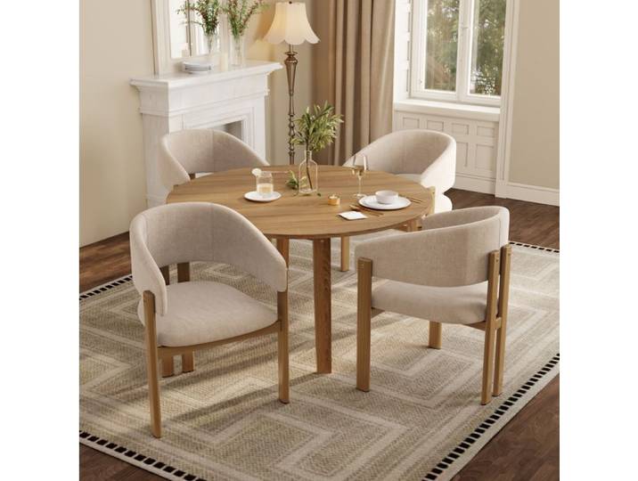 ULEVR Lot de 4 chaises de salle à manger avec accoudoirs en lin beige structure métal aspect bois