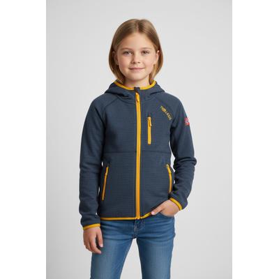 Fleecejacke TROLLKIDS "Kids Sandefjord Jacket", Jungen, Gr. 164, bunt (mystic blau, golden gelb), Fleece, Obermaterial: 100% Polyester, normal, Jacken Fleecejacke, für Kinder und Jugendliche, mit Reißverschluss, wasserabweisend