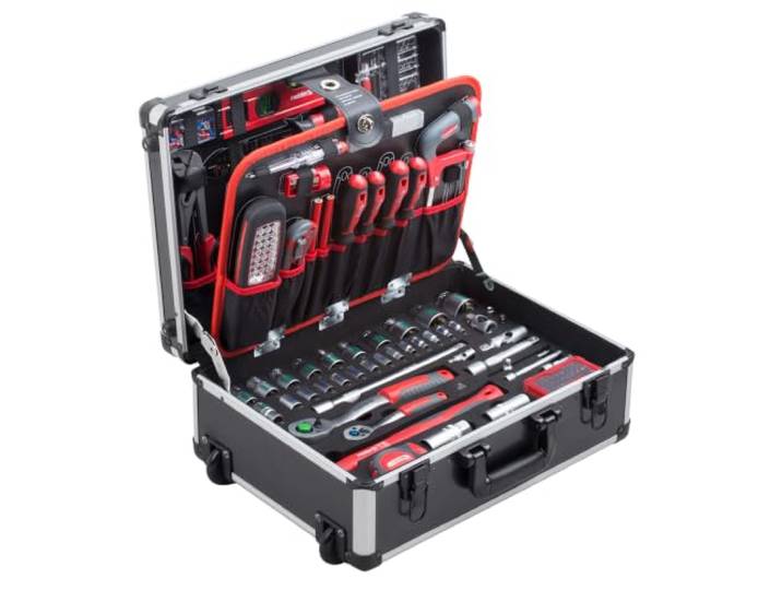 Meister Chariot à outils 156 pièces - Ensemble d'outils - Avec roulettes - Poignée télescopique / Mallette à outils professionnelle remplie / Boîte à outils roulante / 8971440