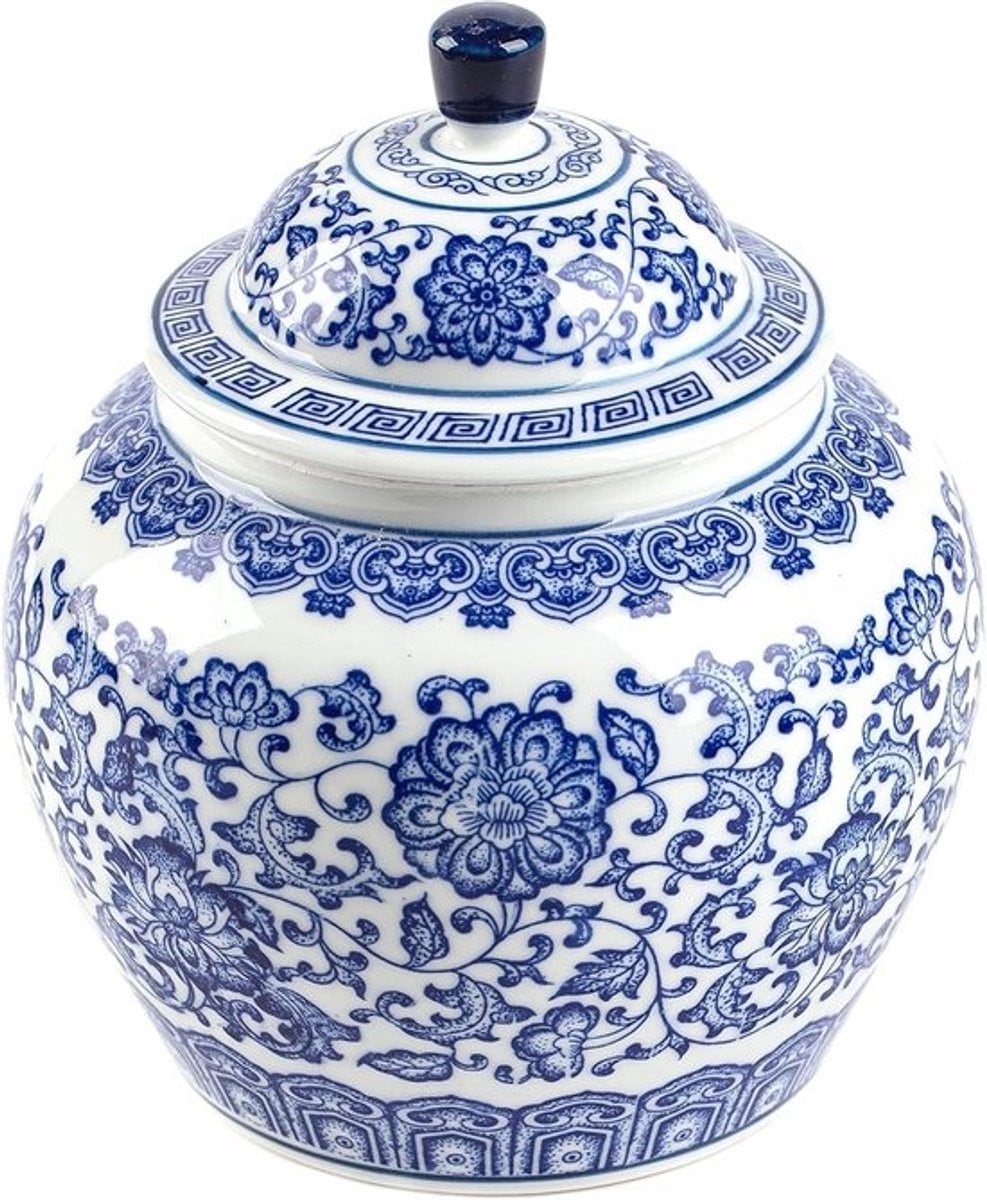 Grote Blauw Witte Keramische Sierpot - Chinoiserie Vaas Decoratie