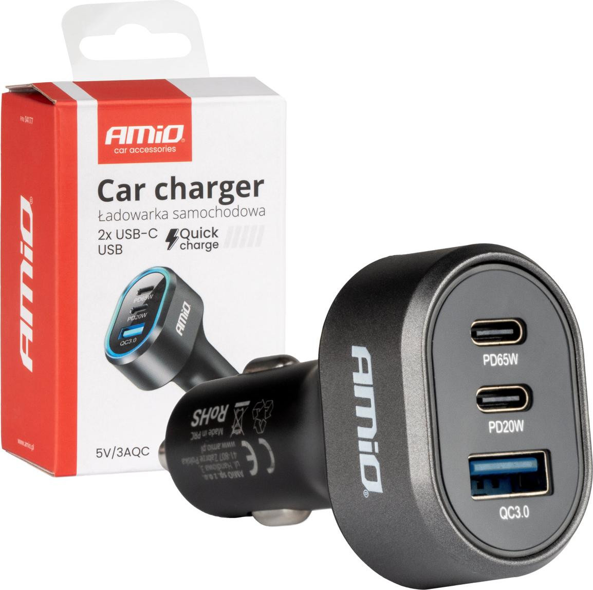 AMiO Autolader 85W QC3.0 PD65W met 2x USB-C en 1x USB-A, AMiO-04177