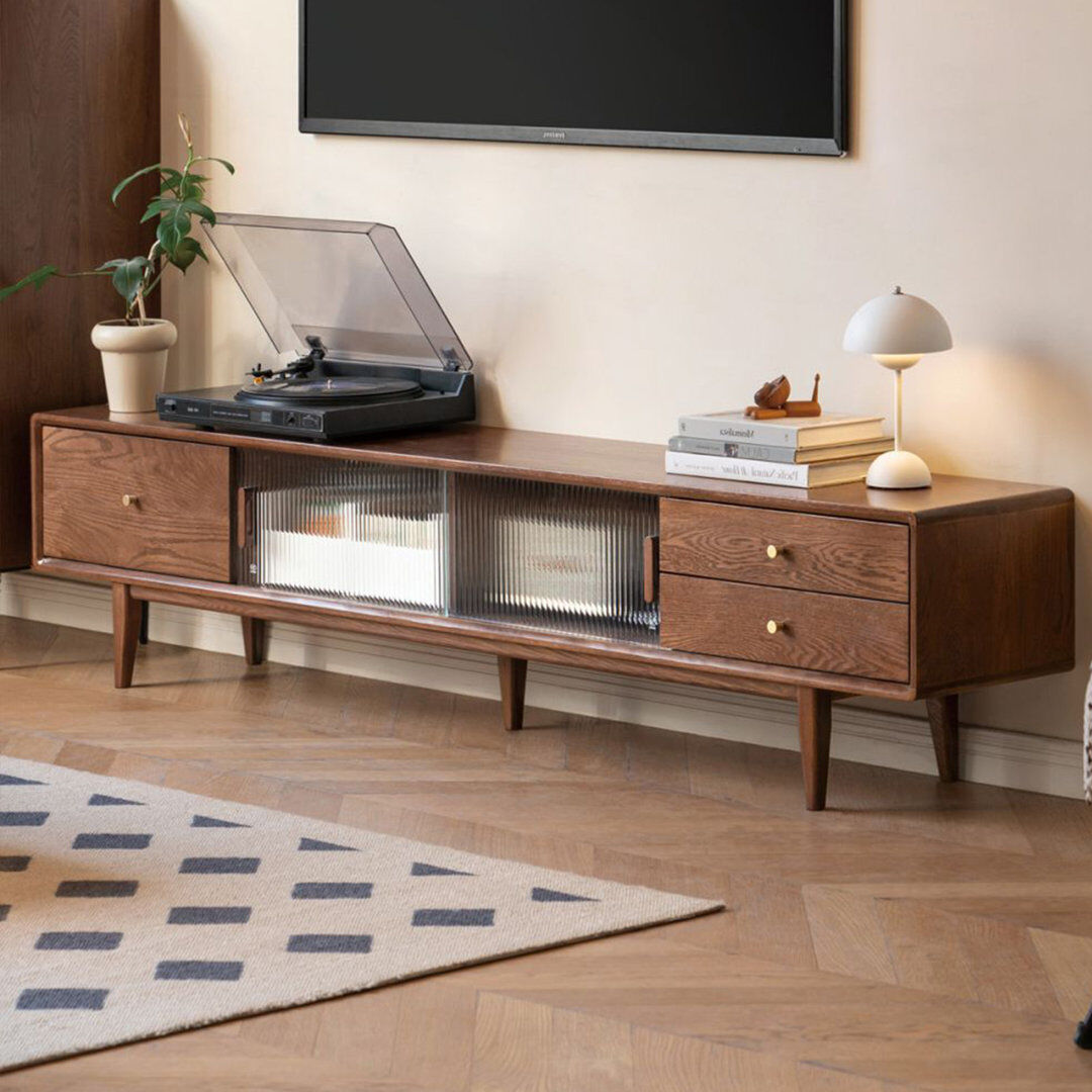 YESWOOD 200cm Solid Oak TV Stand with Fluted Glass Doors, Drawers Brown Oak 200CM