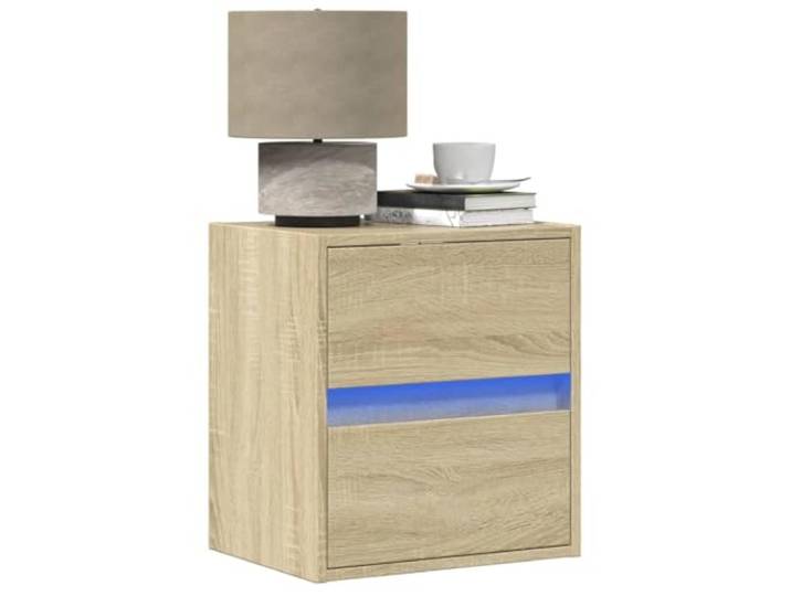 HEFZGDB Wand-Nachttische mit LED-Leuchten 2 STK. Sonoma-Eiche, RGB-Beleuchtung, Schubladen Stauraum, Holzwerkstoff, platzsparendes Design, USB-Anschluss, Wandmontage