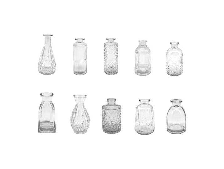 Relaxdays\, Set de 10 vases\, texturés\, Verre\, H : 10-14\,7 cm\, Petites vases décoratifs Transparents pour la Table