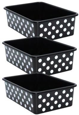 Teacher Created Resources White Polka Dots on Black Large Plastic Storage Bin, Pack of 3