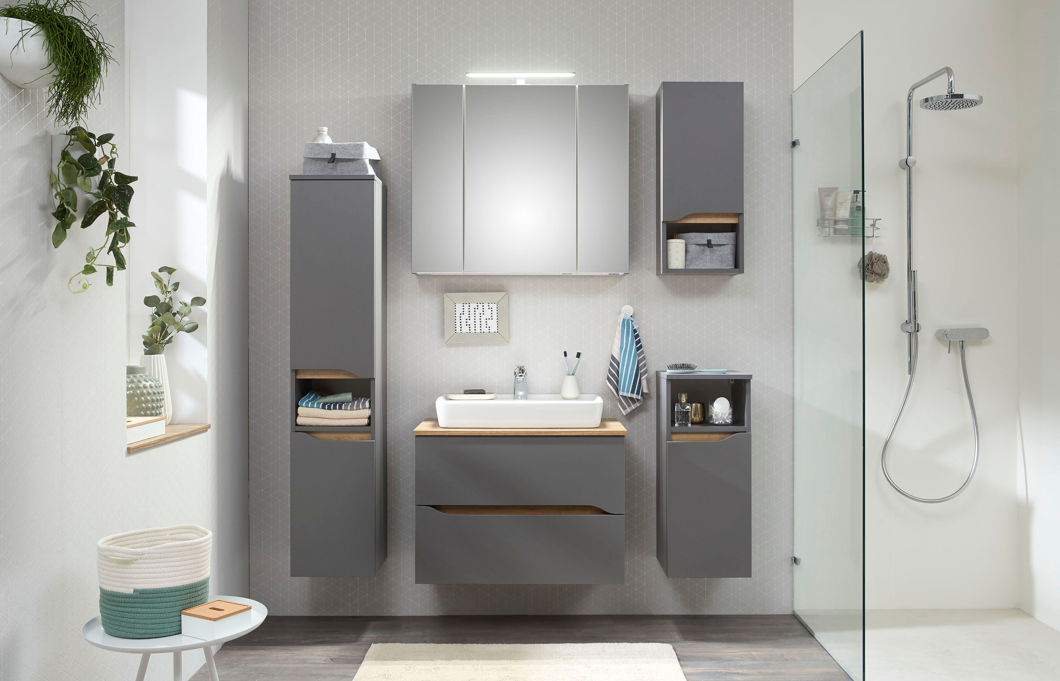 Badmöbel-Set SAPHIR "Quickset 2-teilig, Keramik-Aufsatzbecken mit LED-Spiegelschrank", grau (quarzgrau matt, akzent riviera eiche quer nb), Kastenmöbel-Sets, Badmöbel-Set, 80 cm breit, 2 Schubladen, 3 Spiegeltüren, 6 Einlegeböden quarzgrau matt, akzent ri