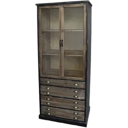Chic Antique Vitrinenschrank mit Glastüren und 4 länglichen Schubladen, 80 x 48 x 191 cm, antique schwarz