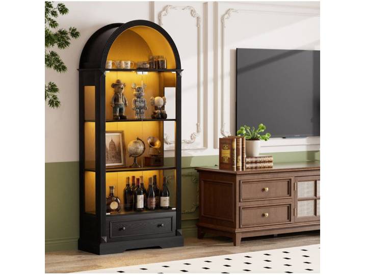 COVREO Vitrine noire arquée avec portes en verre trempé éclairage LED 3 couleurs étagères et tiroir 180 cm