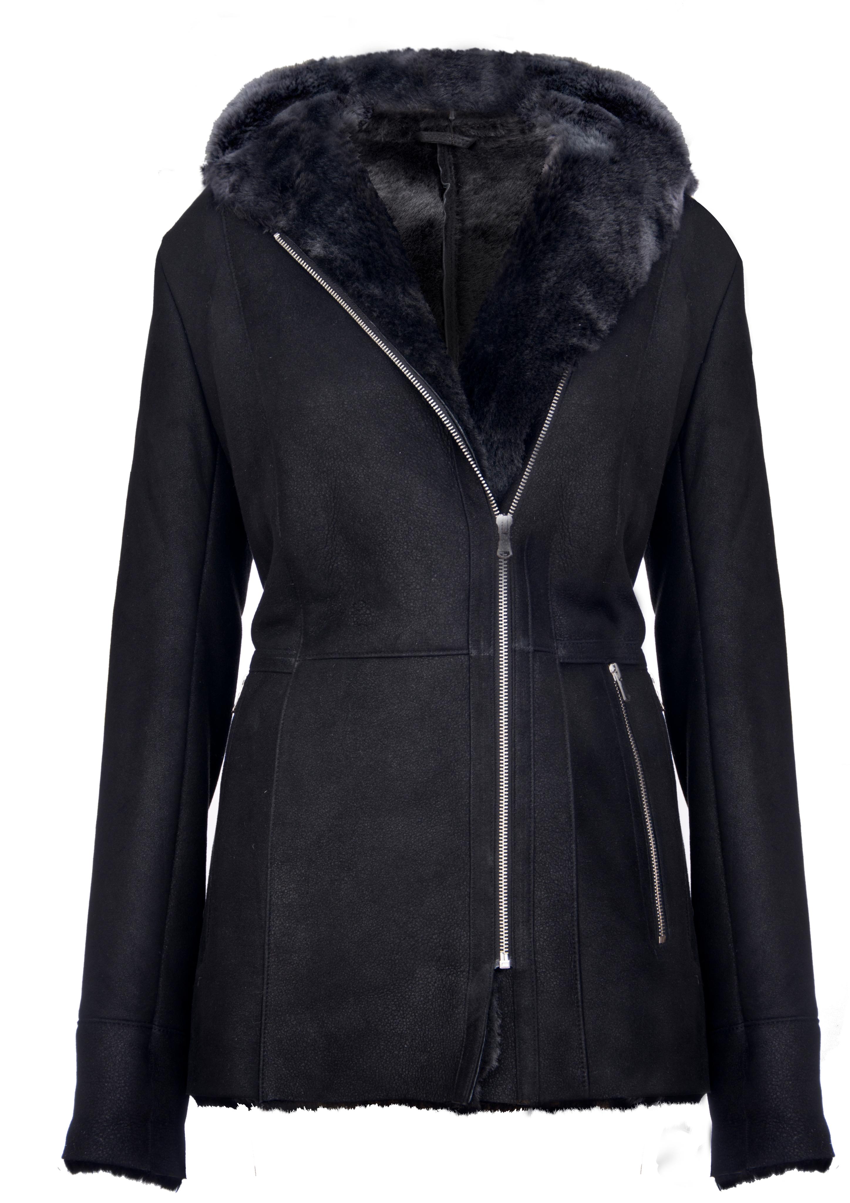 Schwarze Damen-Jacke aus Merino-Schaffell mit Kapuze, Mandalay