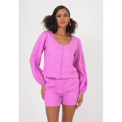 Klassische Bluse FRESHLIONS "Amara", Damen, Gr. L, rosa, 100% Leinen, unifarben, normal, Rundhals, Blusen, im klassischen Design