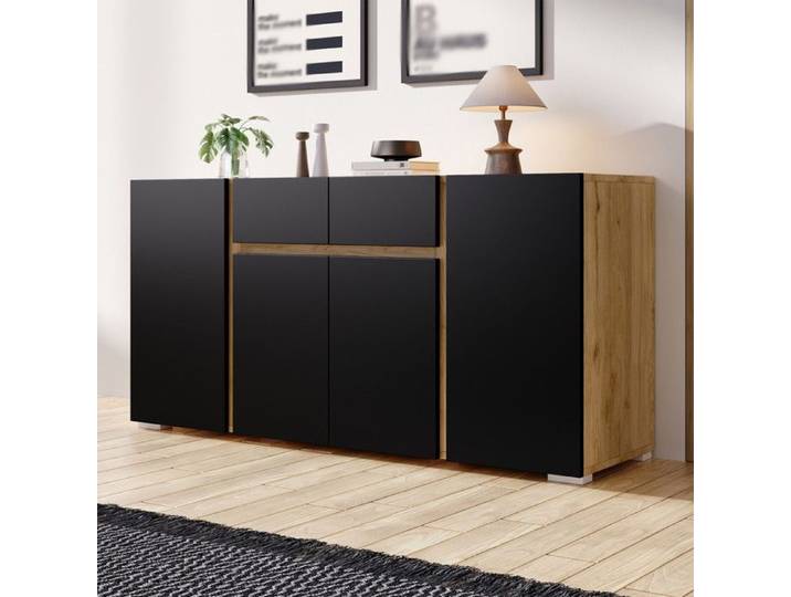 Piaenon - Buffet bas 140x35x70cm avec 4 Portes 2 Tiroirs Étagères Réglables 20kg Design Moderne Salon - Noir